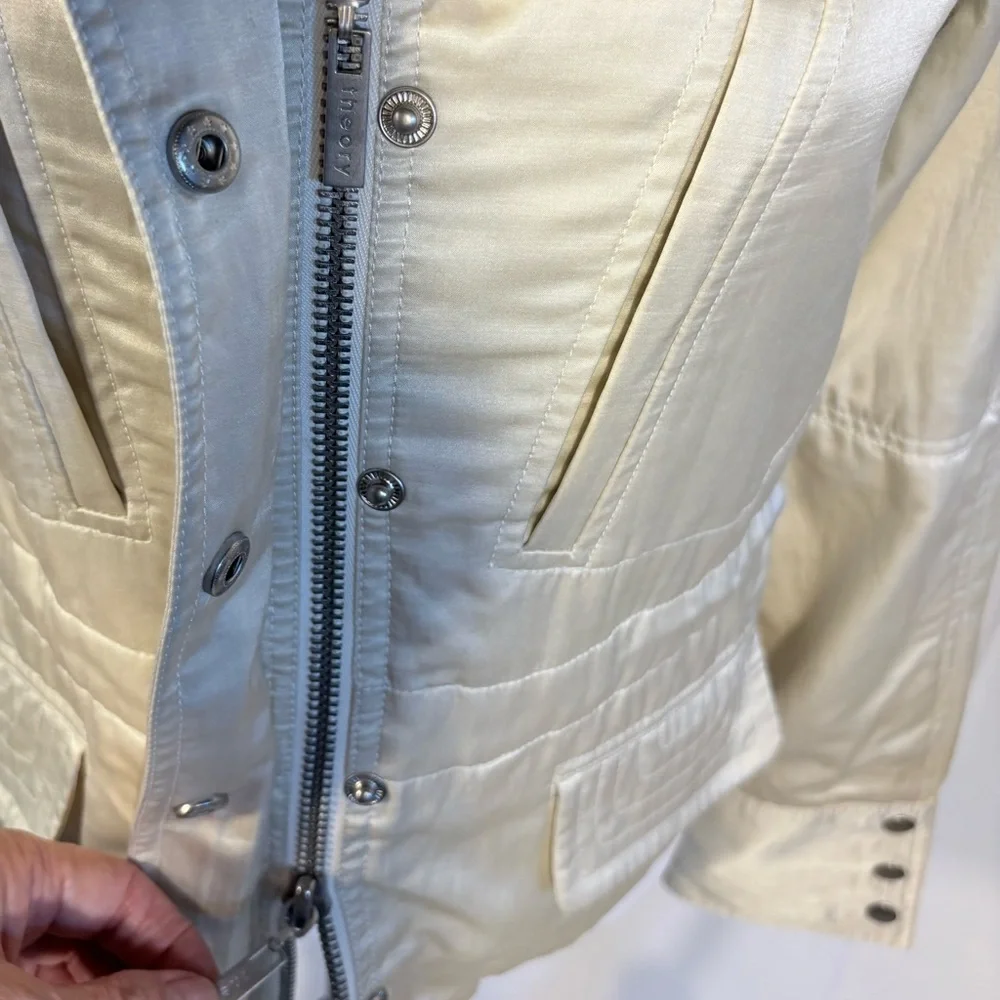 Theory Pearlized Utility Jacket Hidden Hood Adjustable Waist Cinch Ivory~S🧡